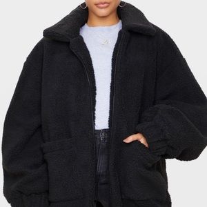 Plus Black Oversized Borg Pocket Front Coat